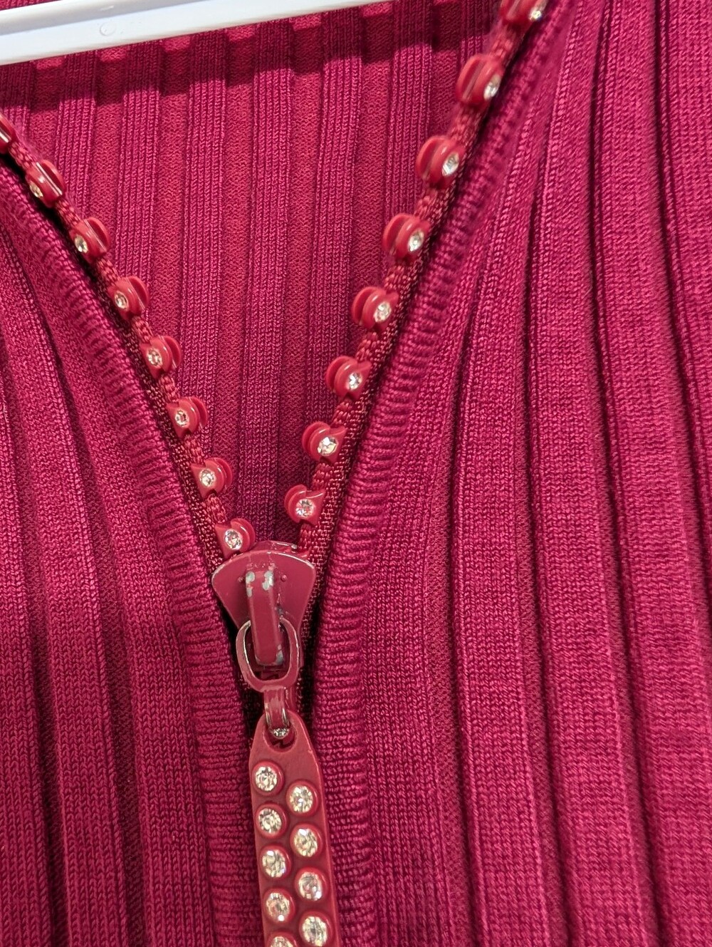 Belldini Burgundy Ribbed Rhinestone Zip-Up Knit Top - Picture 5 of 7